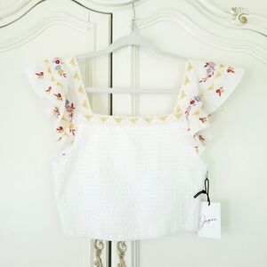Japna White Smocked Embroidered Ruffle Cropped Top Small NWT